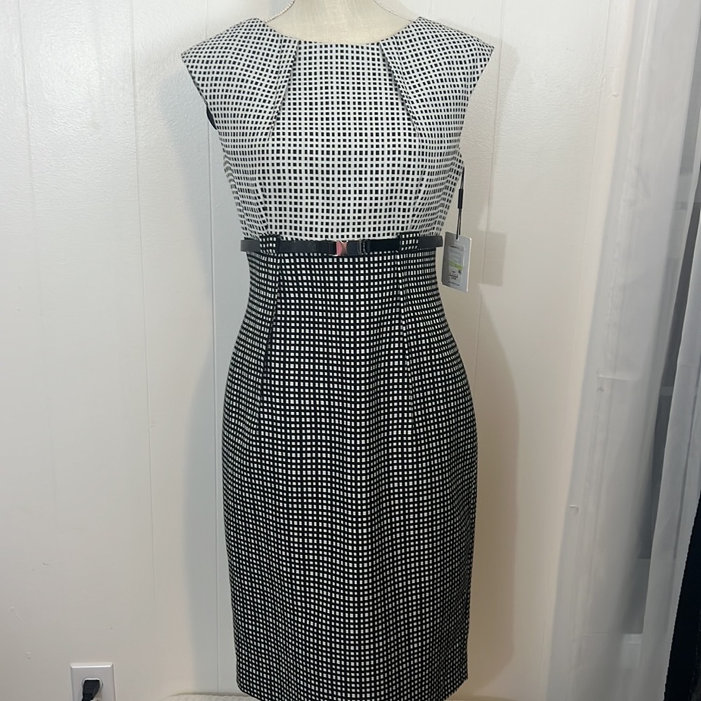 NWOT Calvin Klein Belted Houndstooth Sheath Dress Size 4
